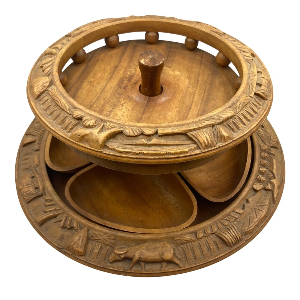 Vintage Hand Carved Monkey Pod Wood 2 Tier Lazy Susan Philippines Tropical Tiki